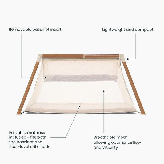 Tutti Bambini CoZee® Go 3-in-1 Bassinet, Baby Playpen & Travel Crib with Mattress Included - Lightweight, Breathable & Foldable Baby Play Pen from Birth to 3 Years (Walnut & Ecru)