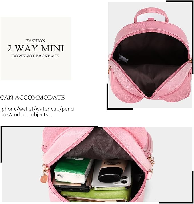 KL928 Girls Mini Backpack Bowknot Polka Dot Cute Small Daypacks Convertible Shoulder Bag Purse for Women