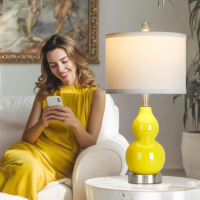 luxeflow Double Gourd Ceramic Table Lamps Set of 2, Yellow Modern Bedside Lamps for Living Room, Contemporary Nightstand Desk Lamps for Bedroom End Table Home Office Decor(2 LED Bulbs Included)