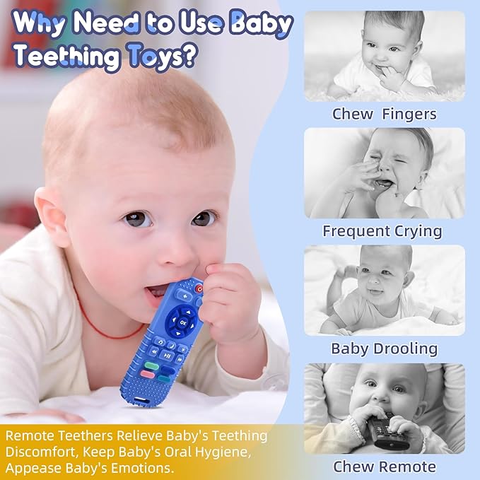 AiTuiTui Teething Relief Teethers Toys for Babies 3 6 9 12 Months Gifts, Silicone Sensory Remote Control Baby Teether Toy for Babies Newborn Infant Boy Girl Autism Toys, Blue & Black