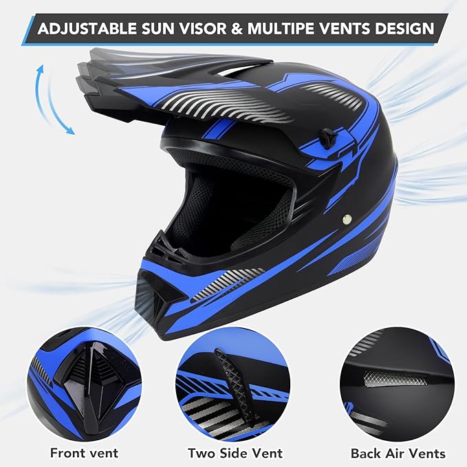 Youth Dirt Bike Helmet,Kids Motocross Full Face Helmets,Mountain Bike BMX MX ATV Boys Motorcycle Helmet for Kids 8-14 with(Goggles,Gloves,Mask) 4-Pcs Set,DOT Approved(Blue,L)