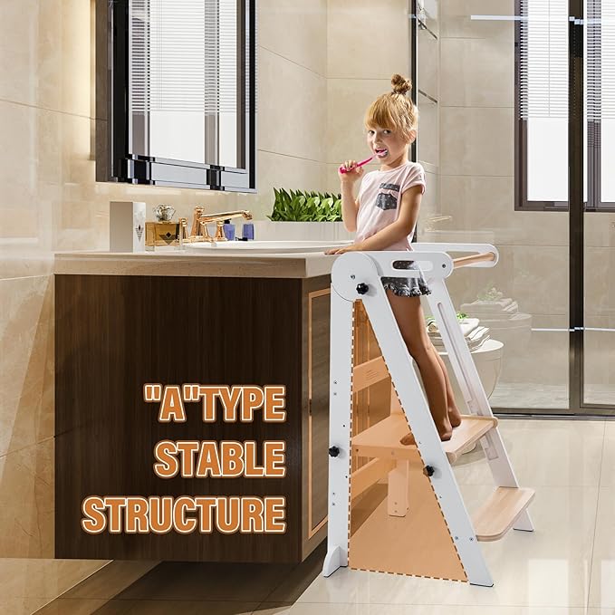 Gewitt Foldable Toddler Kitchen Stool Helper - Adjustable Height Toddler Standing Tower, Kids Helper Stool with Safty Rail for Kitchen Counter Bathroom (White)