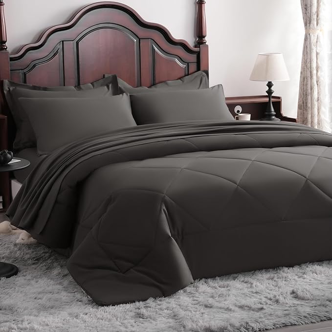 NTBAY Queen Comforter Set with Sheets, 7 Pieces Soft and Breathable Queen Bedding Set, Bed in a Bag, Down Alternative Comforter Set Solid Color All Season, Queen Bedding Set, Dark Grey