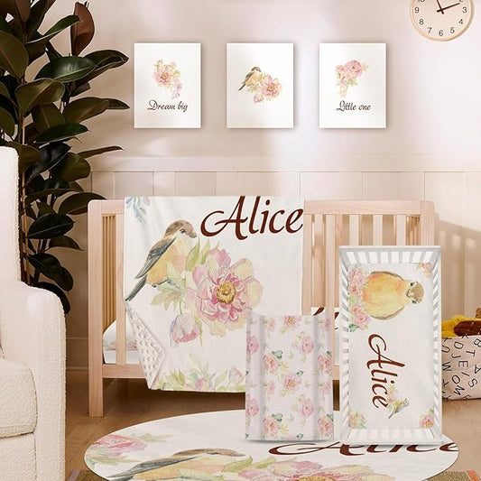 Personalized Crib Bedding Set, Custom Name Baby Bedding 5-Pcs Set - Blanket Fitted Sheet Changing Pad Cover Nursery Rug Wall Art, Pink Floral Bird Nursery Decor for Newborn Girls