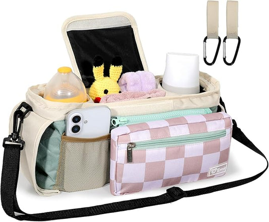 Universal Stroller Organizer with Insulated Cup Holders and Detachable Phone Bag,Stroller Caddy Fits for Stroller Accessories like Uppababy, Baby Jogger, Doona, Nuna Stroller (Green Square grid)