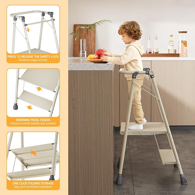 LEDLAY Aluminum Foldable Toddler Tower 2 Steps, Kids Step Stool for Kitchen, Toddler Kitchen Stool Helper with Anti-Drop Safty Railing, Multi-Functional Learning Tower with Anti-Slip Design, Gray