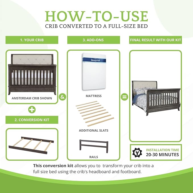 Full-Size Conversion Kit Bed Rails for Evolur Cribs - Solid Wood Crib Convertible Kit to Kids Bed - Transitional Style Rails & Easy-to-Install Child Essentials for Safety (Smokey Brushed Grey)