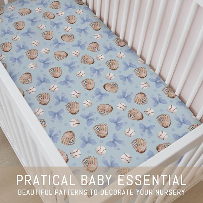 Pastel Blue Baseball Bows Baby Crib Sheets for Boys Watercolor Boy Baseball Soft Snug Fitted Crib Mattress Covers for 52''x28'' Standard Crib & Toddler Mattresses Outdoor Sports Bed Sheets