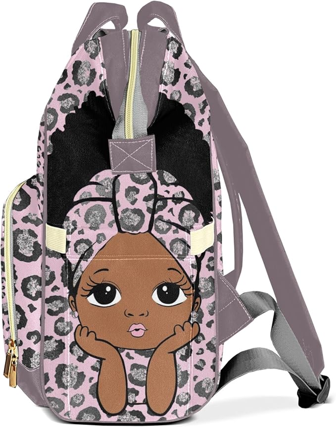 Personalized Leopard Afro Girl Custom with Name Diaper Bag Backpack For Baby Boy Girl Dad Mom Unisex for Adult Daypack Holiday Gift