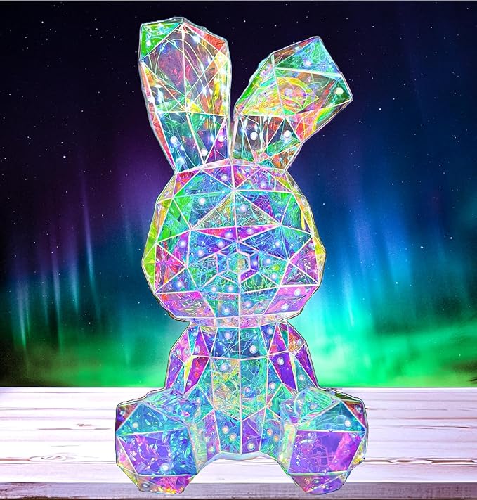 In His Name LED Bunny Night Light Holographic Rainbow Easter Rabbit Lamp Bedside Bunny Light Kids Decoration Boys and Girls Night Light Nursery Lovers Spring Summer Decor Gift