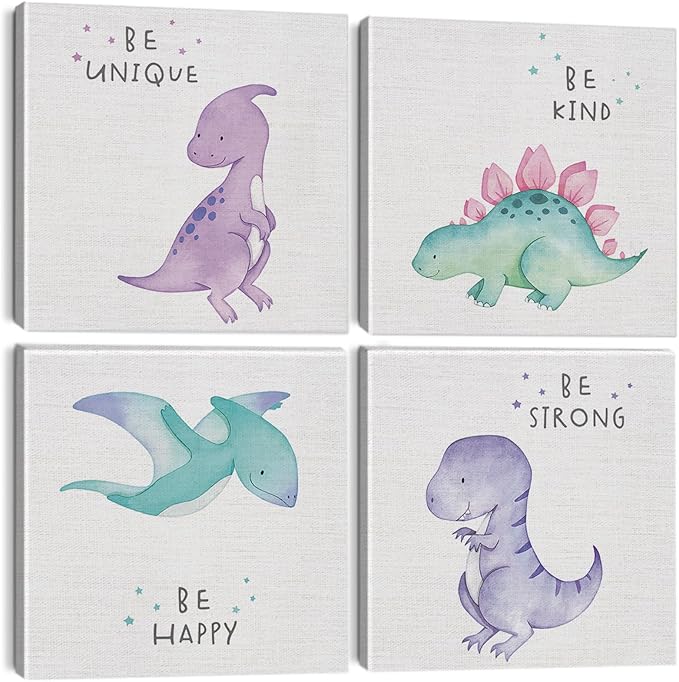 Cute Watercolor Dinosaur Prints Inspirational Motivational Quotes Canvas Wall Art Nursery Decor Wall Decor Funny Poster Artwork for Kids Room Classroom Bedroom Decoration (4PCS,Framed,7.9x7.9IN)