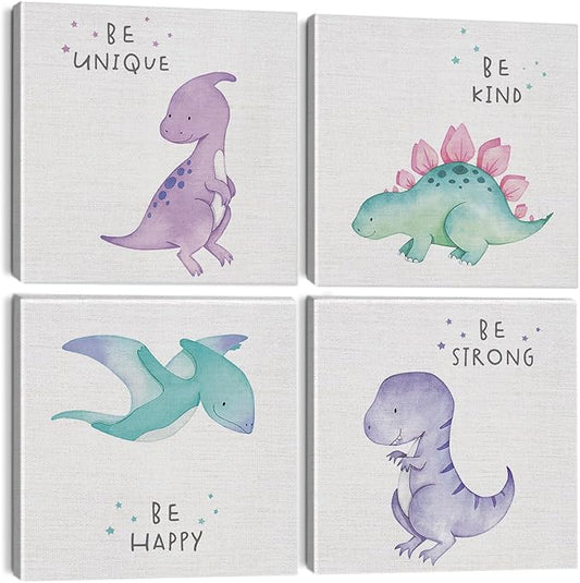 Cute Watercolor Dinosaur Prints Inspirational Motivational Quotes Canvas Wall Art Nursery Decor Wall Decor Funny Poster Artwork for Kids Room Classroom Bedroom Decoration (4PCS,Framed,7.9x7.9IN)