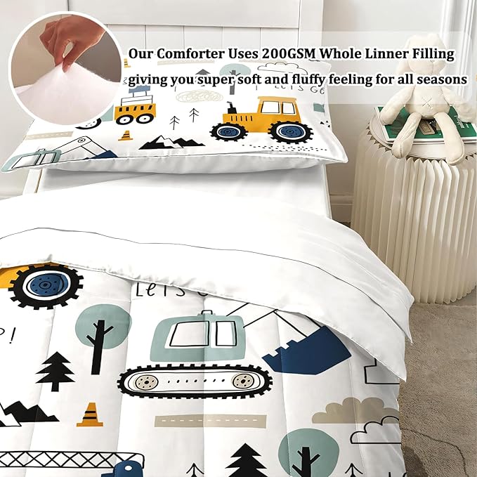 Toddler Bedding Set for Boys - 4-Piece Truck Bedding Comforter Set for Kids, Soft Comfort Construction Vehicle Bedding Includes Flat Sheet, Fitted Sheet, Comforter, Pillowcase