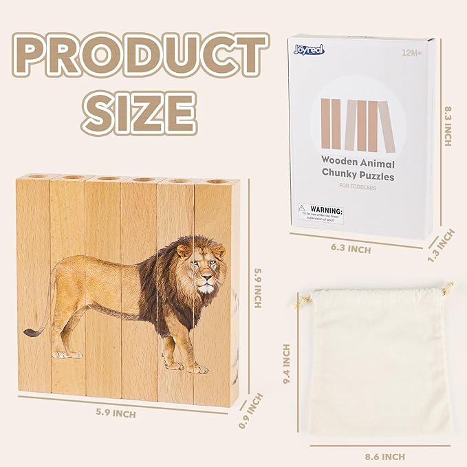 Joyreal Wooden Animal Chunky Puzzles for Toddlers, Montessori 4 in 1 Safari Animal Block Puzzle Toy, Preschool Learning Educational Interactive Toys Gift for Toddlers 2 3 4 5 6 Years Old