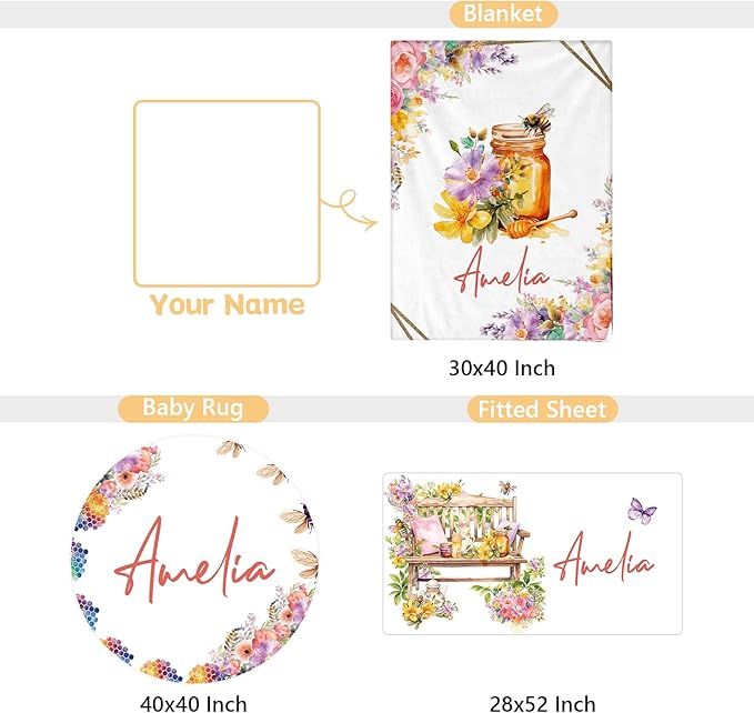 Custom Baby Crib Bedding Set - 3 Pcs Personalized Nursery Bedding Set with Name, Soft Double Layer Baby Crib Set for Girls Boys, Customized for Toddlers Infants, Yellow Bee