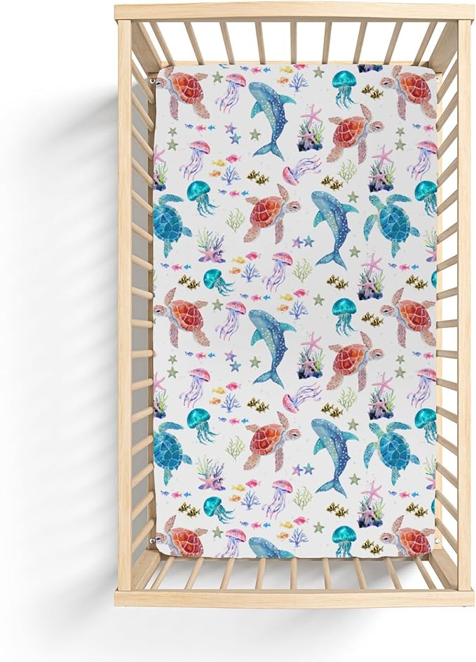 Fantasy Sea Animals Baby Crib Sheets for Boy Girl 28"x52" Turtle Whale Jellyfish Corals Soft Stretchy Fitted Crib Mattress Covers Nautical Marine Baby Sheet for Standard Crib & Toddler Bed Mattress