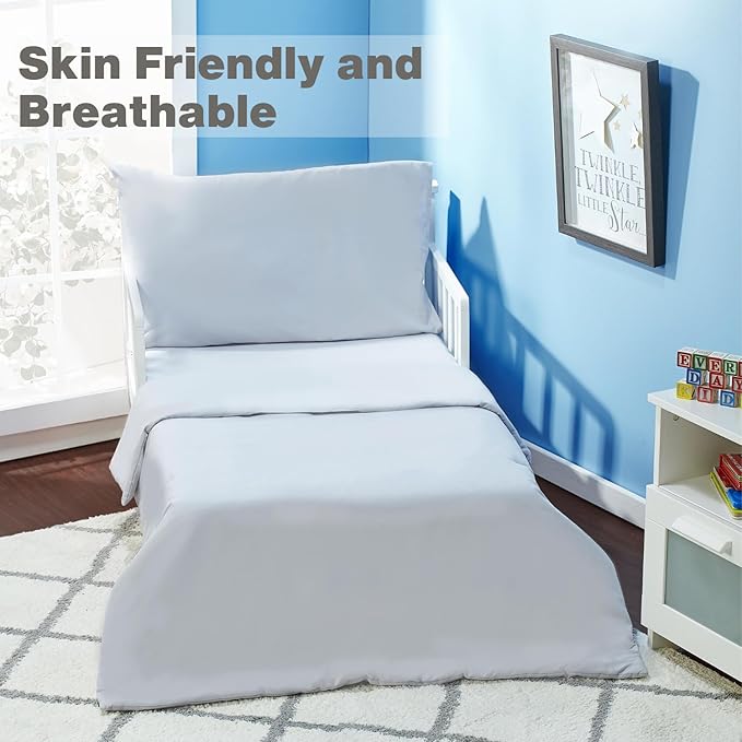 EVERYDAY KIDS 4 Piece Toddler Bedding Set - Includes Comforter, Flat Sheet, Fitted Sheet and Pillowcase - Solid Grey