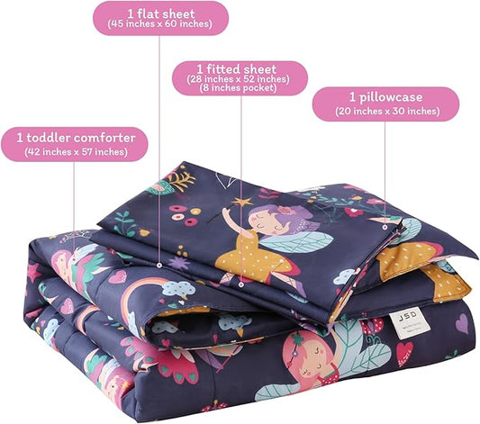 JSD Fairy Toddler Bedding Set, 4 Piece Bed-in-Bag Toddler Comforter and Sheet Set, Machine Washabale Comfortable