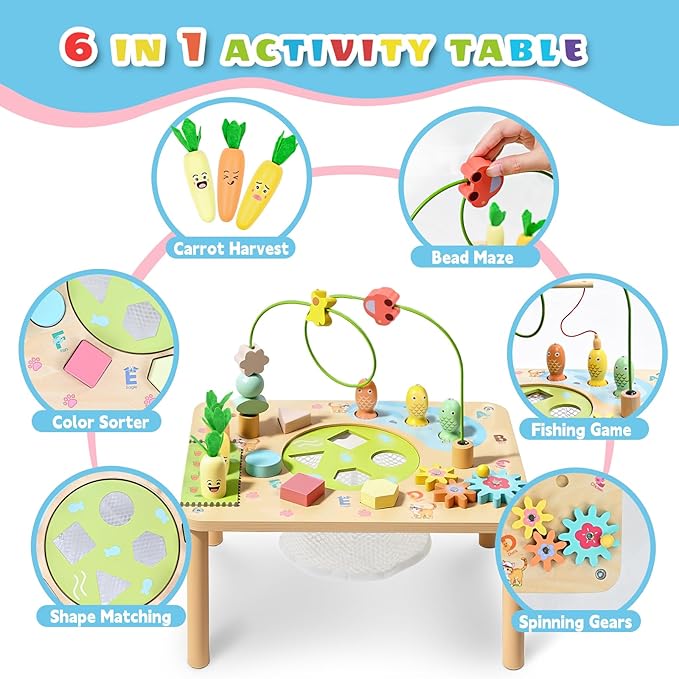 wingyz Activity Table, 6 in 1 Wooden Montessori Activity Center with Bead Maze Shape Sorter Fishing Game, Kids Sensory Play Table Toddler Toys 1st Birthday Gifts Boy Girl(Morandi-Square)