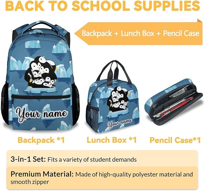 COOPASIA Personalized Penguin Backpack with Lunch Box and Pencil Case, 16 Inch Penguin Theme Bookbag with Adjustable Straps, Durable, Lightweight, Large Capacity, School Backpack for Girls Women