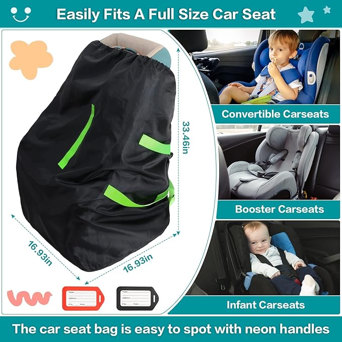 Sublaga Waterproof Car Seat Bags For Airplane Travel, Durable Carseat Cover For Air Travel Car Seat Travel Bag with Shoulder Straps and 2pcs Luggage Tags For Airplane