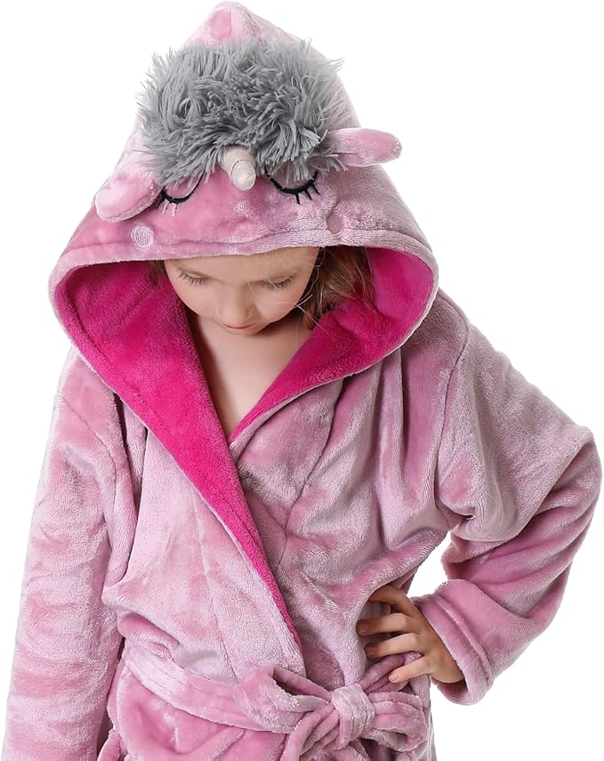 Hooded Herringbone Girl's Fleece Soft Spa Kimono Long Robe,Kids Comfy Sleepwear Bathrobe