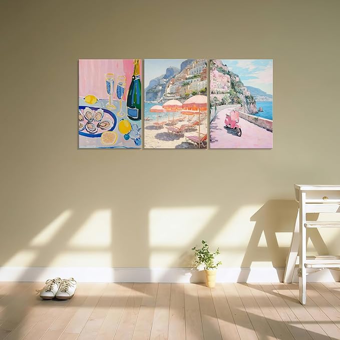 Framed Amalfi Coast Beach Wall Art Italian Beach Landscape Posters Pink Pastel Aesthetic Preppy Beachy Painting Prints Fruit Champagne Canvas Art Decor for Bar Girls Bedroom Dorm Apartment 16'' x 12''