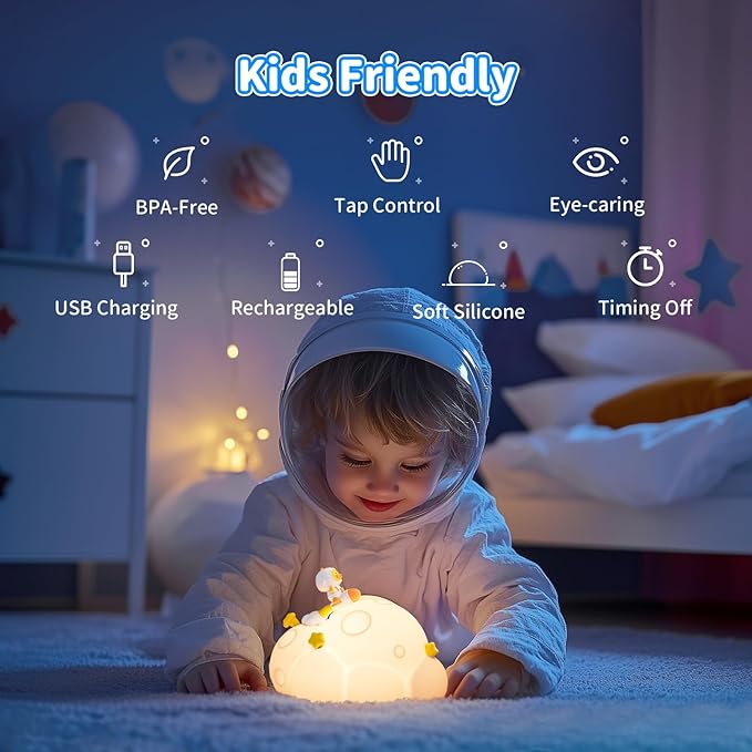 ICARER FAMILY Auto-Off Night Light for Kids - Rechargeable Touch Control Bedside Lamp, Planet Night Lights for Nursery, Gift for Girls Boys