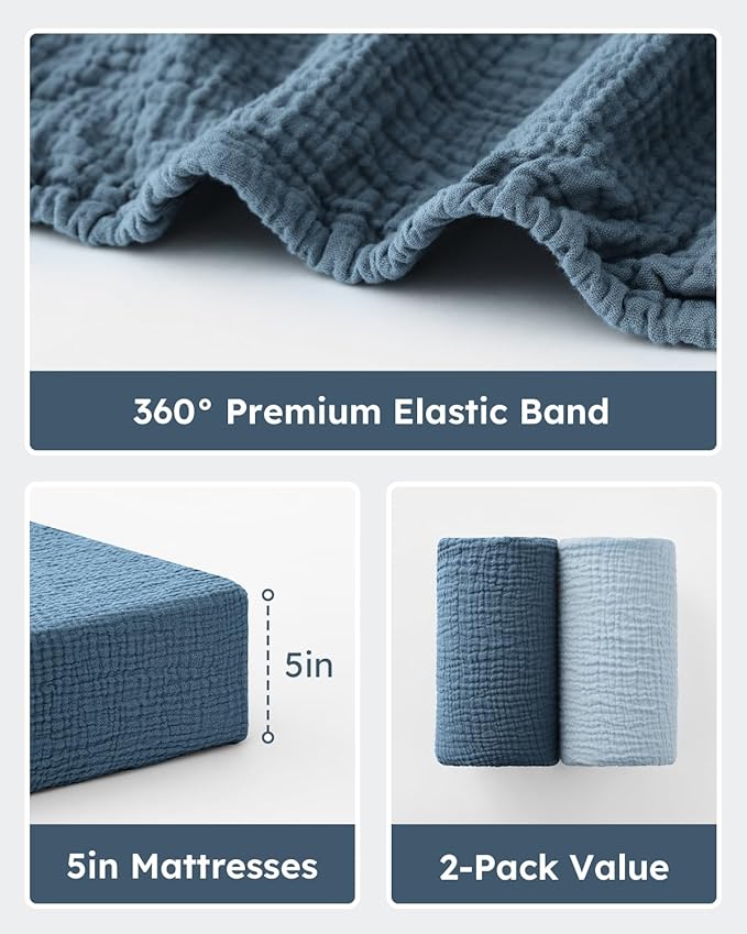 Muslin Pack and Play Sheets Fitted, 100% Cotton Mini Crib Sheets 2 Pack for Pack N Play Mattress, Stretchy Playard Sheet, Soft and Breathable Gradient Blue