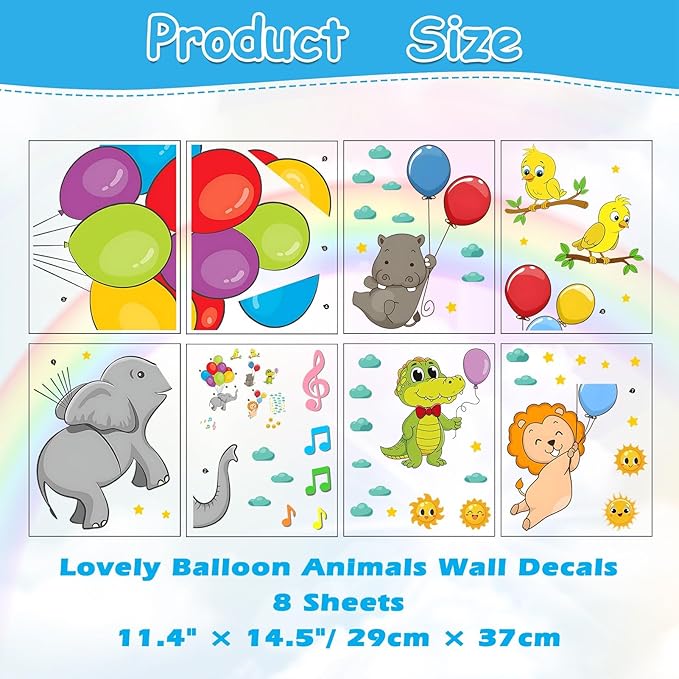 Eutecado Forest Animals Balloon Wall Decals Colorful Kids Wall Stickers, Lovely Elephant Hippo Lion Crocodile Wall Stickers Sun Clouds Art Decals for Nursery Classroom Playroom Cute Room Decor