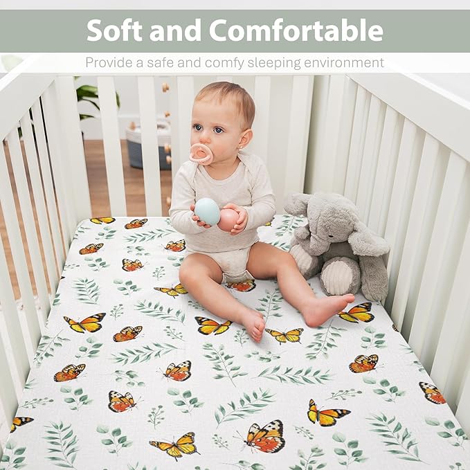 Butterflies Green Leaves Baby Crib Sheets for Boy Girl 52x28Inch Spring Garden Soft Stretchy Fitted Crib Mattress Cover Boho Greenery Nursery Baby Sheet for Crib & Toddler Bed Mattresses