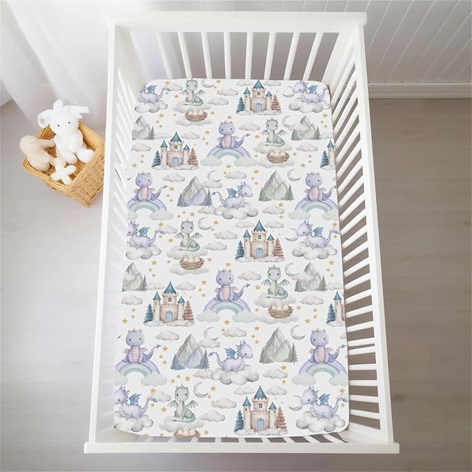 Purple Baby Dragons Crib Sheets for Boy Girl Fairytale Dragon Castle Trees Moon Rainbow Soft Stretchy Fitted Crib Mattress Cover for 52''x28'' Standard Crib & Toddler Mattress Fantasy Animal Bed Sheet