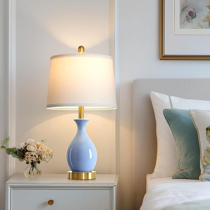 luxeflow 24″ Light Blue Ceramic Table Lamps Set of 2, Modern Classic Bedside Lamps for Bedroom Nightstand, Small Table Lamp for Living Room Side Table (2 LED Bulbs Included)