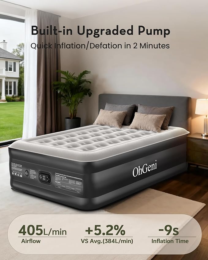 OhGeni 20" Full Air Mattress with Built in Pump, Blow up Mattresses, Colchones Inflables Airbed for Guests, Ideal for Elder People Home Use, Knee-Friendly Design, 600LBS
