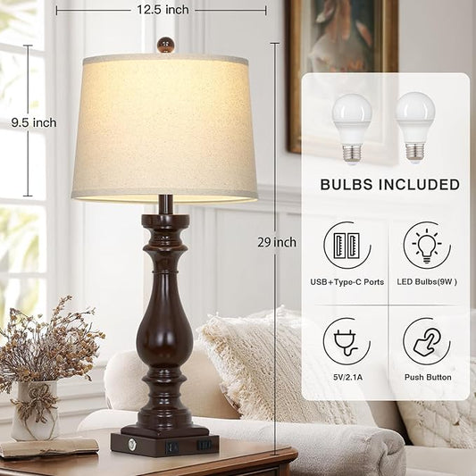 Cinkeda 29" Tall Farmhouse Table Lamp for Living Room Set of 2,Vintage Retro Nightstand Lamps with USB C+A Ports & AC Outlet,3-Way Dimmable Touch Bedside Lamp for Bedroom Side Table,Dark Brown