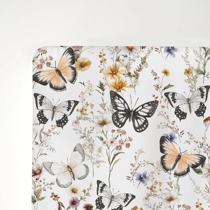 Boho Floral Butterflies Baby Crib Sheets for Boy Girl 52"x28" Vintage Wildflowers Leaves Soft Stretchy Fitted Crib Mattress Cover Retro Spring Summer Baby Sheet for Crib and Toddler Bed Mattresses