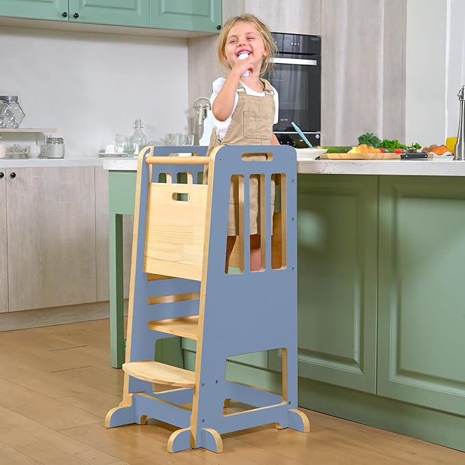 WINGYZ Toddler Tower – Adjustable Step Stool Helper for Kids 18M–6Y, Kitchen Learning Stool with Safety Rail, 3-Height Adjustable, Sliding Door, Full Support Foot, Wooden Updated Design, Light Blue