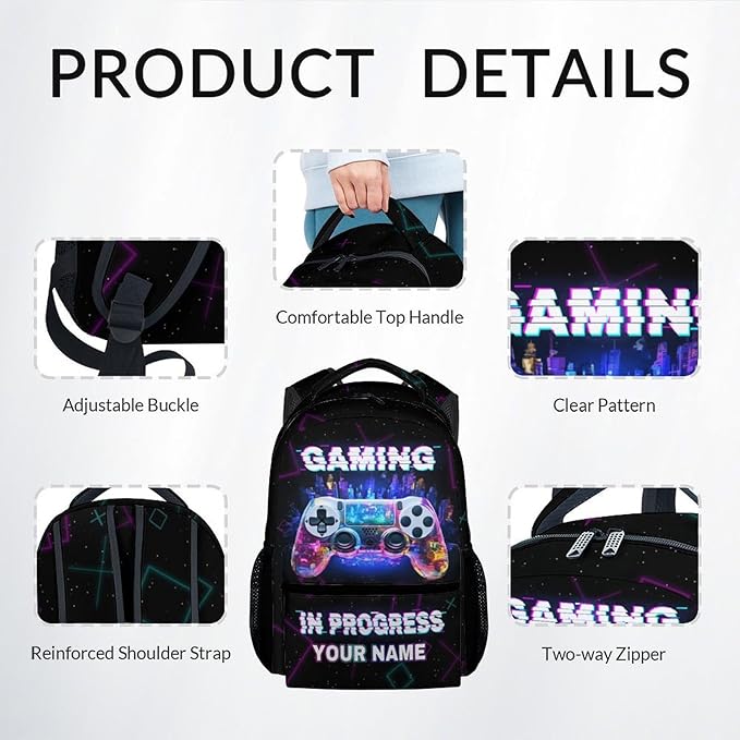COZYAURA Personalized Backpacks for Boys - 3Pcs Video Gaming Bookbag for Kids - Gamer School Bag for Boys - Kids Backpacks with Lunch Box Pencil Case Set