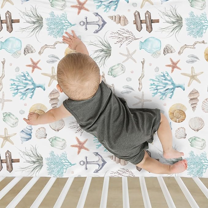 Ocean Boho Summer Baby Crib Sheets for Boy Girl 52"x28" Seashells Conch Starfish Corals Anchors Soft Stretchy Fitted Crib Mattress Cover Nautical Life Baby Sheet for Standard Crib & Toddler Mattress