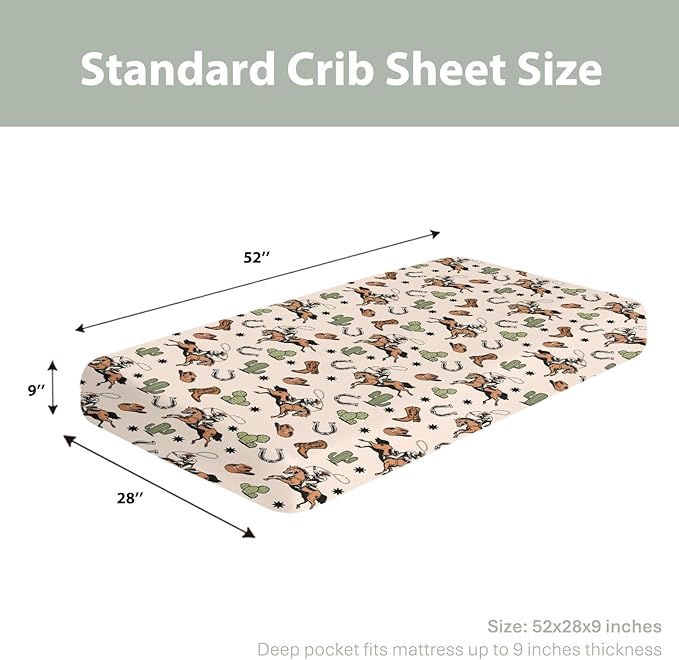 Retro Western Cowboy Baby Crib Sheets for Boy Girl 52x28Inch Cowboy Boots Hat Horse Cactus Soft Snug Fitted Crib Mattress Cover Wild West Desert Baby Sheet for Standard Crib & Toddler Mattress Pad
