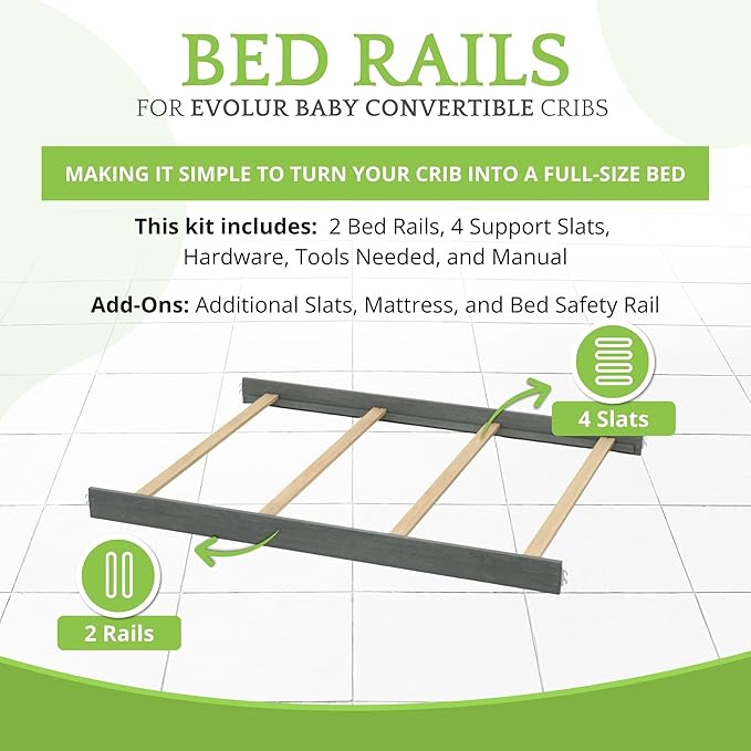 Full-Size Conversion Kit Bed Rails for Evolur Cribs - Solid Wood Crib Convertible Kit to Kids Bed - Transitional Style Rails & Easy-to-Install Child Essentials for Safety (Distressed Slate)
