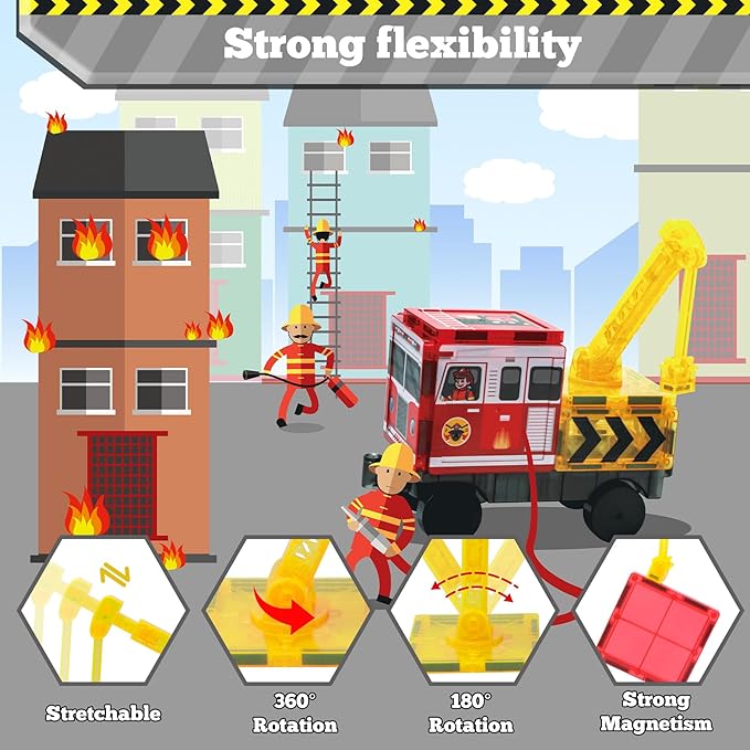 Magnetic Tiles for Kid, 56PCS Construction Magnet Tiles with Fire Truck & Station, Building, Road, Crane, and Car Toys - Educational Travel Magnetic Tiles for Kids Ages 4-8, STEM Toys for 3+ Year Old