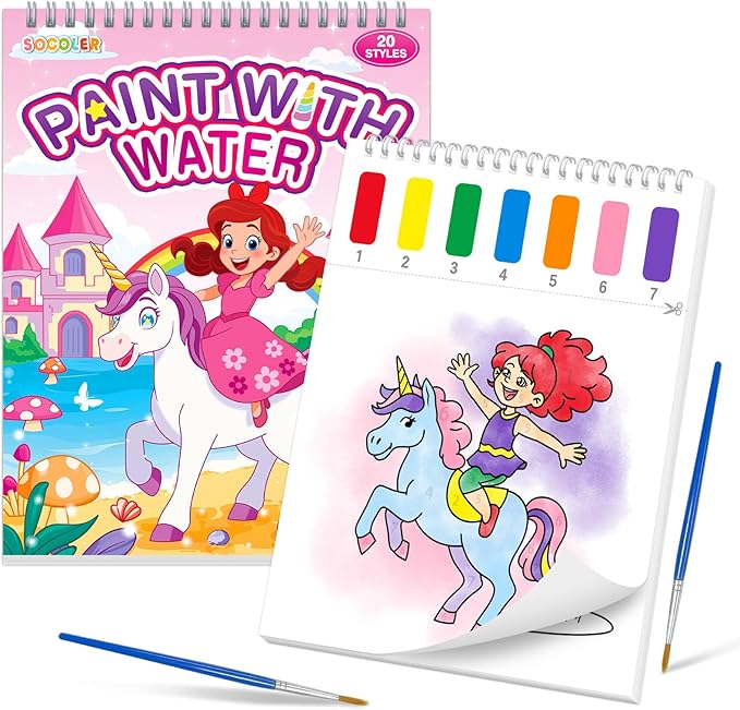 SOCOLER Paint with Water Coloring Books for Toddlers,Unicorn Theme Mess Free Watercolor Painting Papers for Kids Water Color Paint Kit Art Craft Gift for Ages 1-3, 4-8