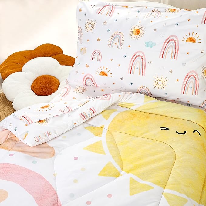 Toddler Bedding Set for Girls, 4 Piece Rainbow Toddler Girl Bedding Set, Super Soft & Lightweight Toddler Comforter Set Includes Comforter, Flat Sheet, Fitted Sheet, Pillowcase (Pink)