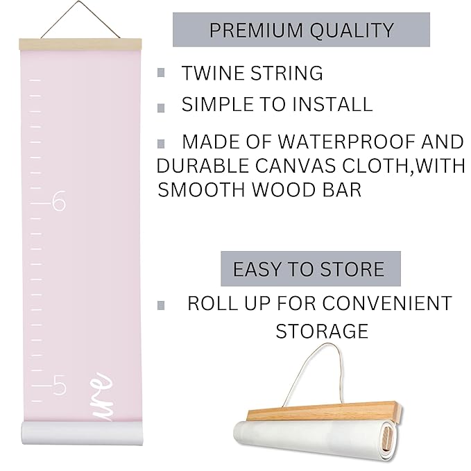 Morxy Canvas Growth Chart for Kids - Unisex Room Wall Decor - Measuring Height Wall Tape (Loved Beyond Measure- Pink)