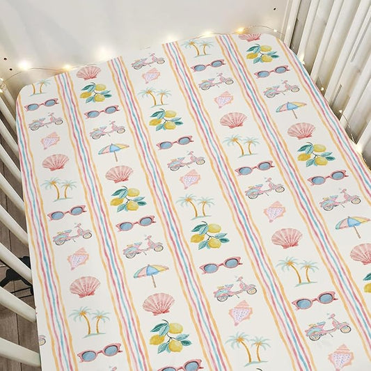 Boho Summer Beach Baby Crib Sheets for Girl 28"x52" Retro Lemon Palm Tree Sunglass Seashells Soft Snug Fitted Crib Mattress Cover Coastal Seaside Baby Sheet for Standard Crib & Toddler Bed Mattress