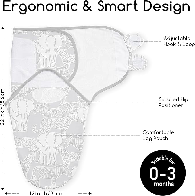 Baby Swaddles for Newborn Organic Cotton,Soft & Snug Newborn Velcro Swaddle 0-3 Months Sleep Sack Helps Calm Startle Reflex, 2-Pack Wrap Nursery Swaddling Blankets Elephant