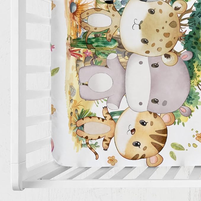 Baby Jungle Safari Animals Tropical Leaves Flowers Baby Crib Sheet 52''x28'' Fitted Crib Mattress Cover for Boy Girl Nursery Bed Sheet Fits Standard Crib Toddler Mattress (African, One Size)