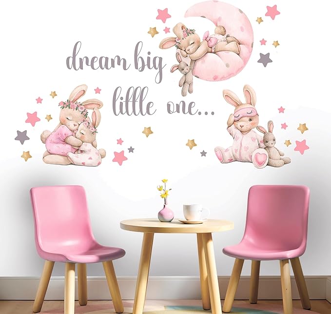 Pink Bunny Nursery Wall Decals-Baby Girl Room Rabbit Wall Decor, Animal Stickers for Kids Playroom, Toddler Bedroom and Nursery Decoration, Removable Vinyl Decals, Peel and Stick Easy to Apply.