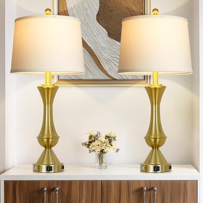 luxeflow 29" Tall Gold Table Lamps Set of 2 for Living Room, Touch Control Bedroom Lamps for Nightstand, 3-Way Dimmable Bedside Lamp with USB A+C Port &AC Outlets(2 LED Bulbs Included)